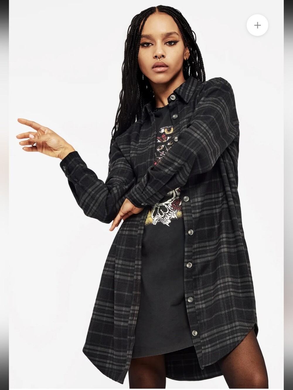 Disturbia Plaid Longline Shirt Grey & Black Button Up  NWT Size 4